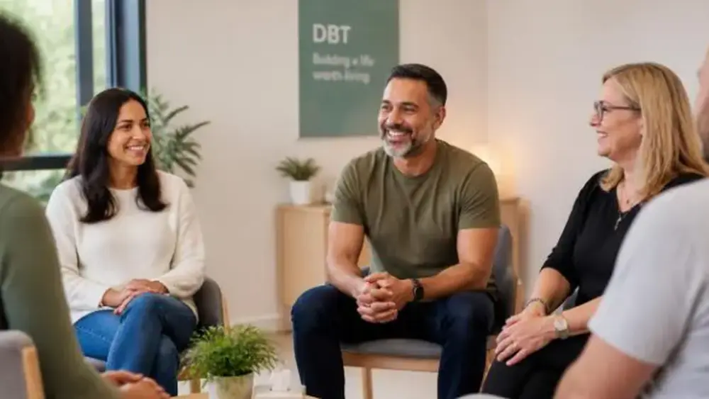 Adult DBT skills group in Sydney, seated in a circle in a bright, informal room